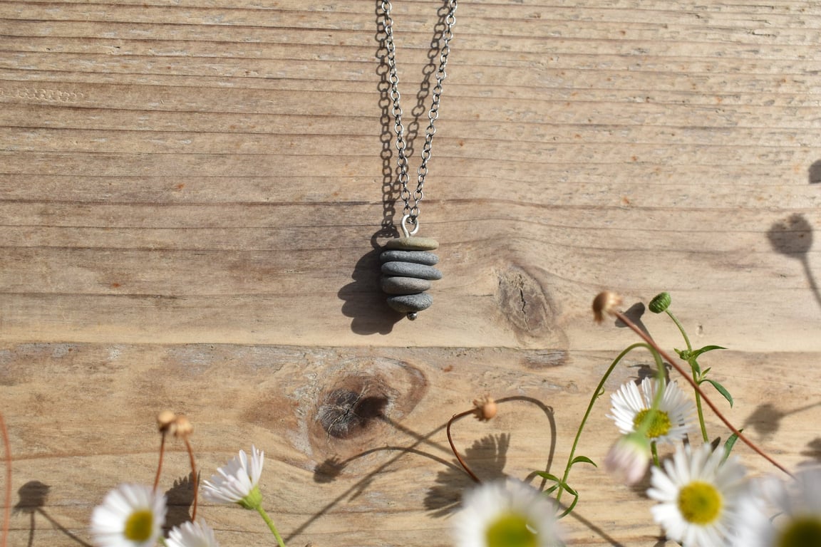 Stacked Pebble and Recycled Sterling Silver Necklace, Stone Necklace, Pendant