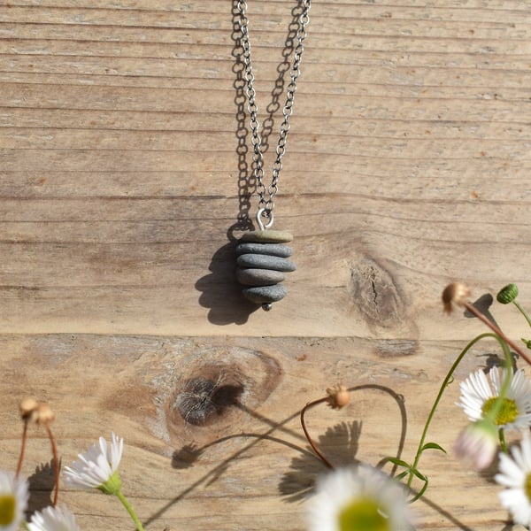 Stacked Pebble and Recycled Sterling Silver Necklace, Stone Necklace, Pendant