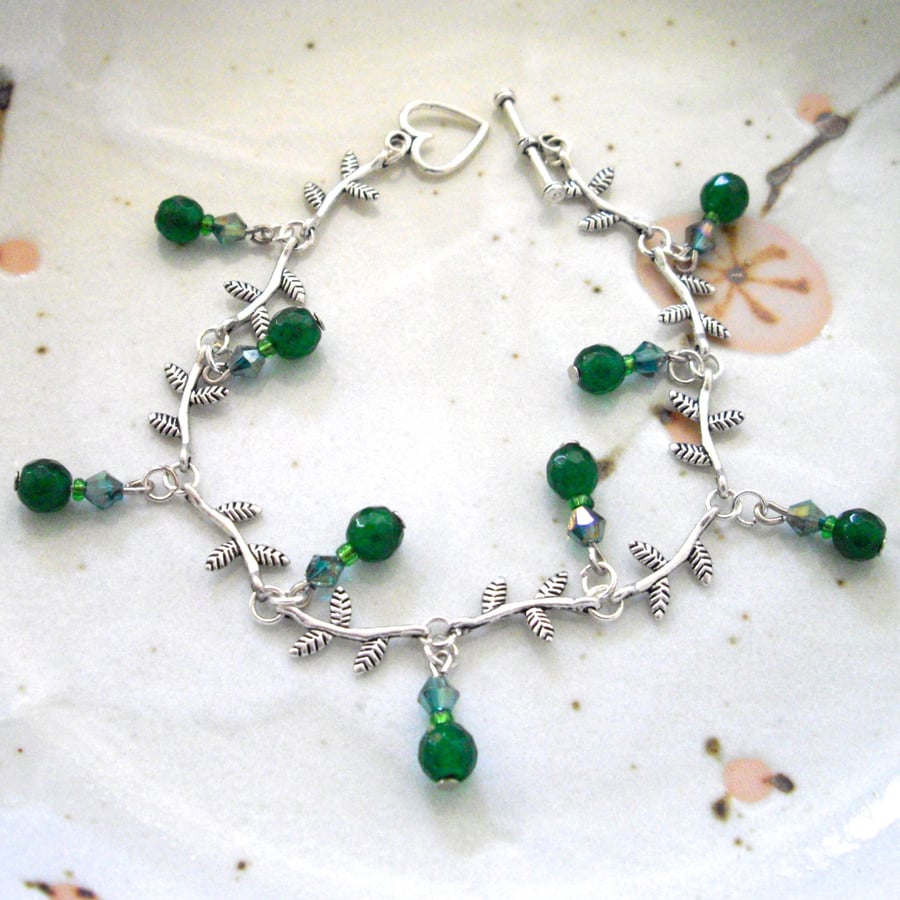 Green Aventurine Gemstone Leaf Bracelet - UK Free Post