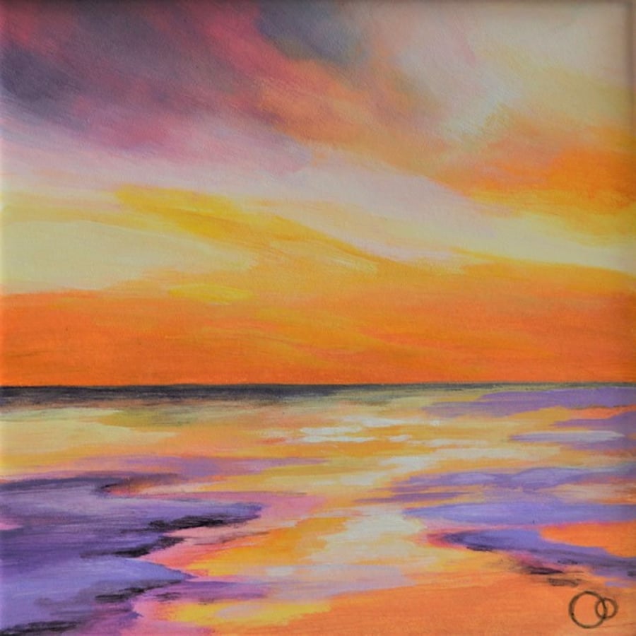 Sunset Seascape Original Mounted Acrylic Painting on Paper