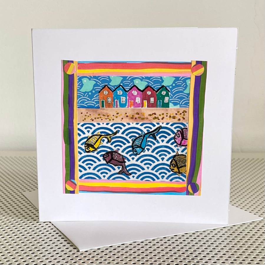 Blank card - handmade collage ‘Beach Huts and Fish No.2’