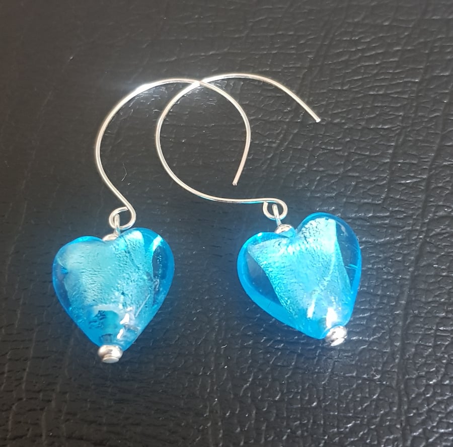 Silver-foil lined glass hearts, on hand made silver ear wires.