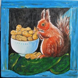 Squirrel and his nuts. Original oil painting