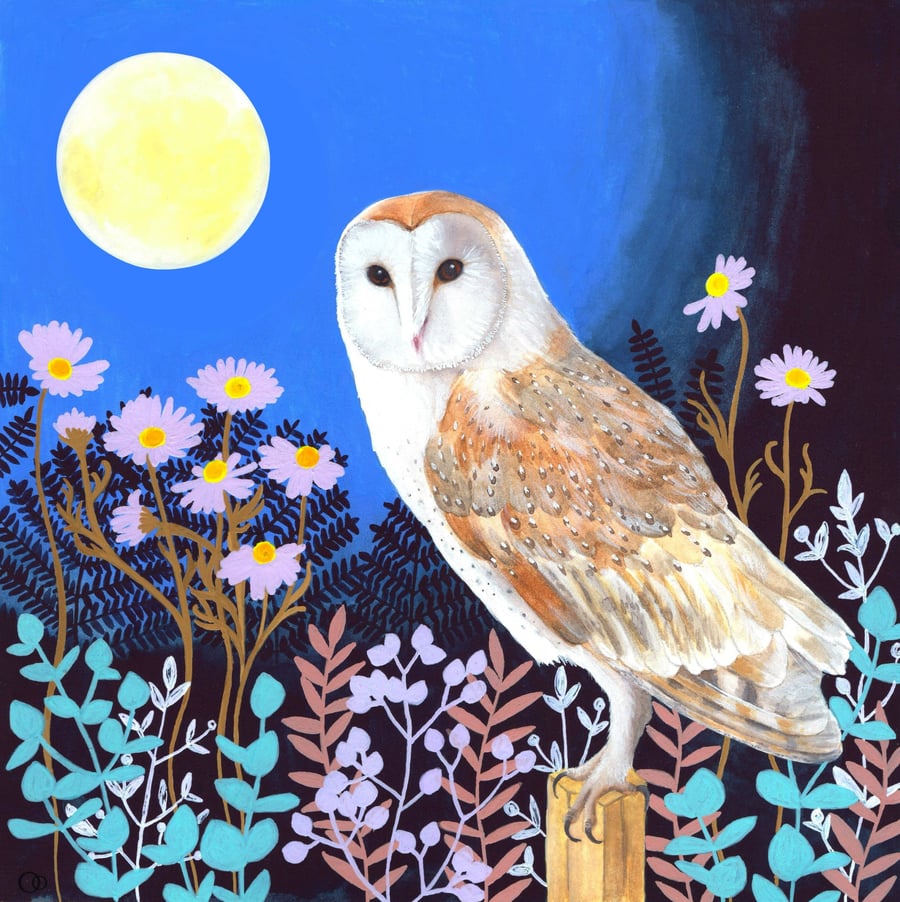 Flower Moon Original Painting - Gift for Owl Lovers