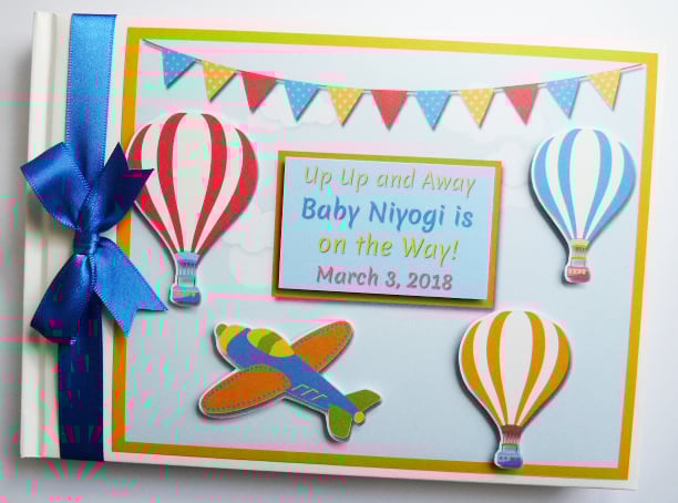 Planes and hot air balloons birthday guest book, up and away baby shower book