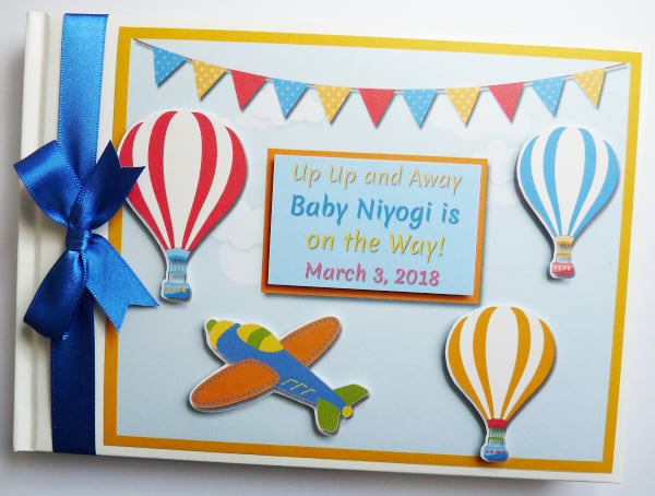 Planes and hot air balloons birthday guest book, up and away baby shower book