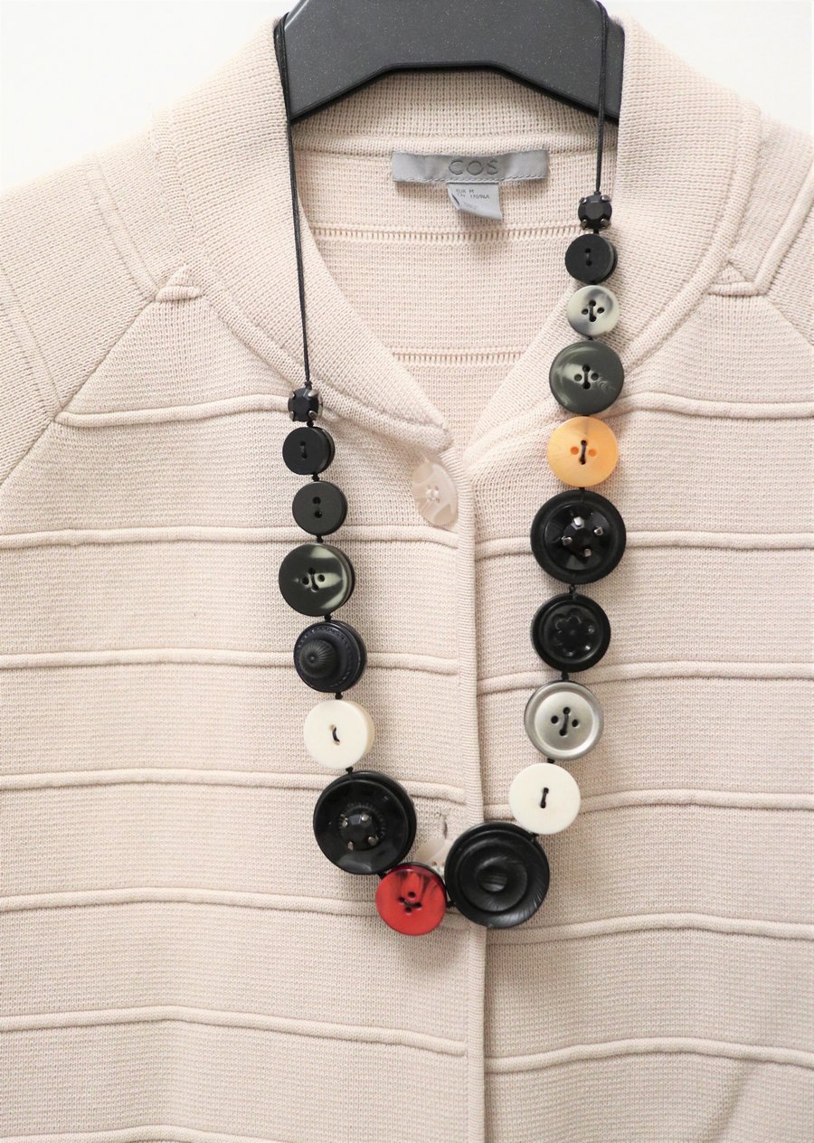 Bold and Fun Vintage Buttons Handmade Necklace - Black and white-red and orange