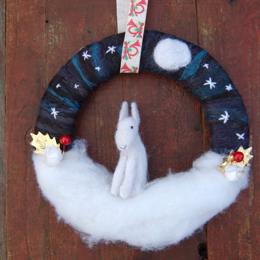  Moon gazing winter hare - nursery wall hanging, wool wreath