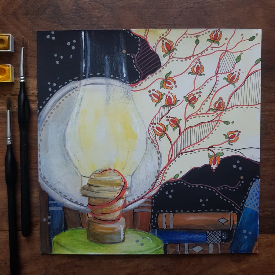 Oil lamp, books and folklore, original art