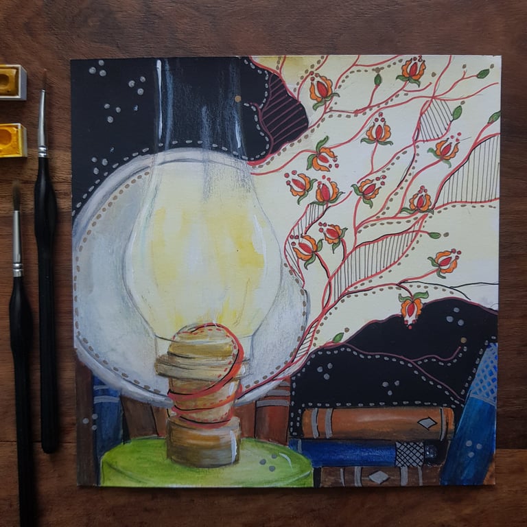 Oil lamp, books and folklore, original art