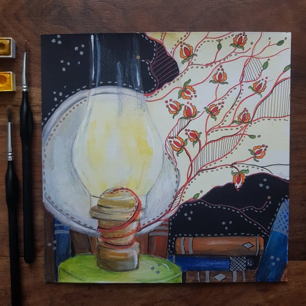Oil lamp, books and folklore, original art