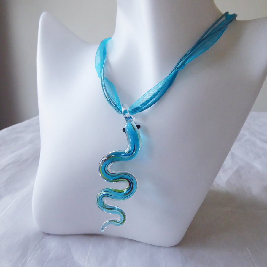 Blue Ribbon & Cord Adjustable Necklace B with Lampwork Glass Snake