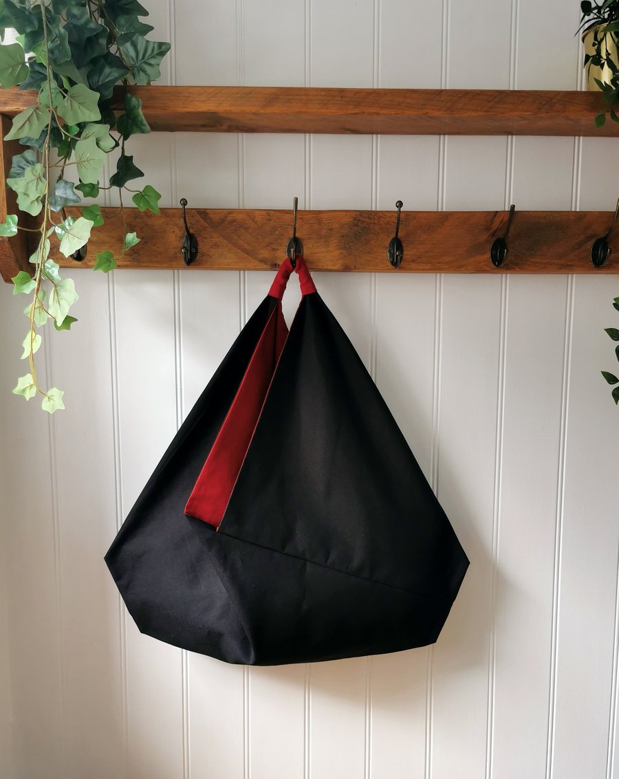 Black Canvas Slouchy Origami Bag with Rasberry Red Lining and Handle