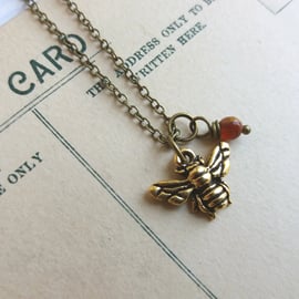 Petite Gold Bee charm necklace with carnelian - little bee - gift for gardener