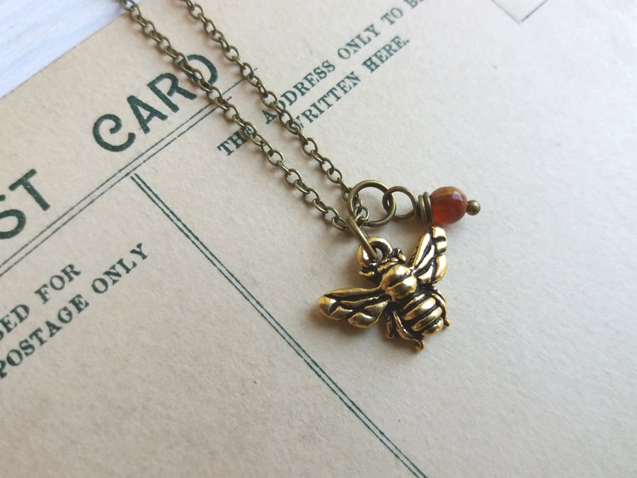 Petite Gold Bee charm necklace with carnelian - little bee - gift for gardener