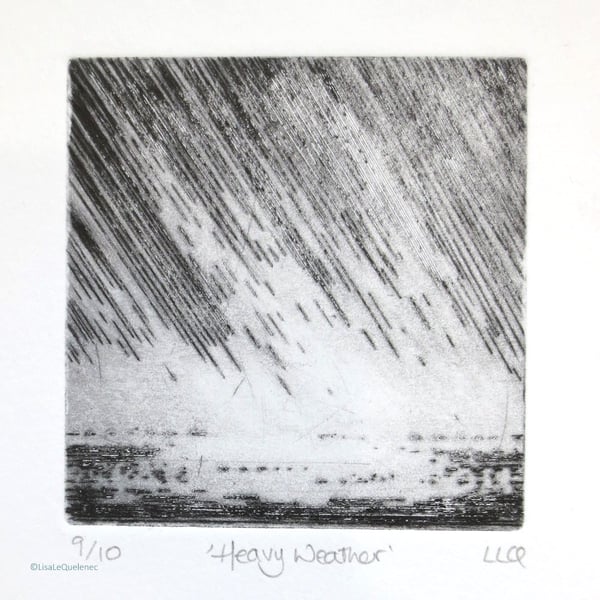 Heavy weather no.9 original drypoint etching print of a storm over the sea