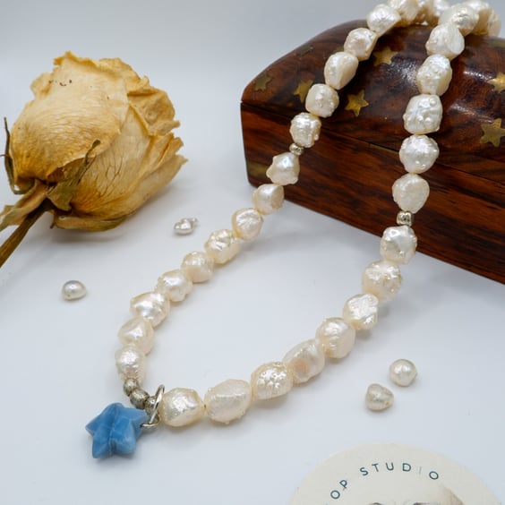 Baroque rosebud ivory pearl and rare Owyhee blue opal star pendant necklace 