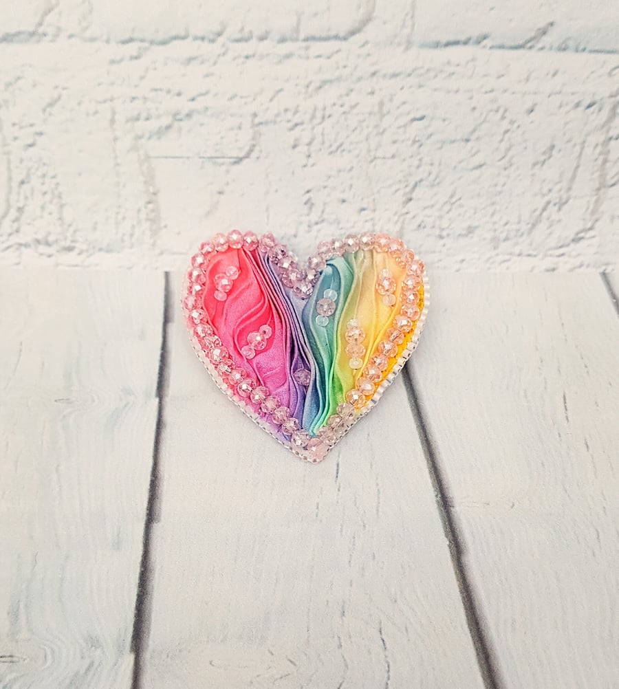 Rainbow Heart Brooch, Shibori Ribbon Brooch, Beaded Heart Brooch, LGBTQIA Brooch