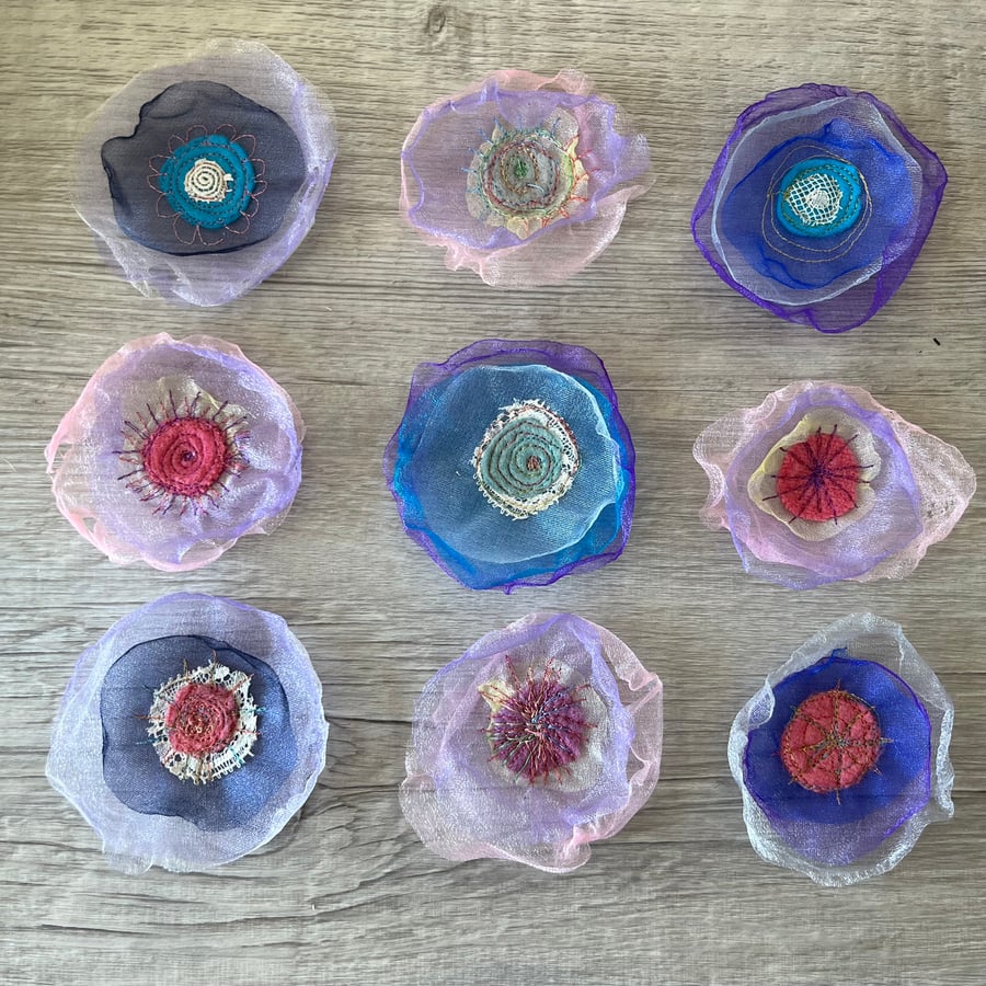 Nine Organza Embroidered Flower Embellishments Free Postage 
