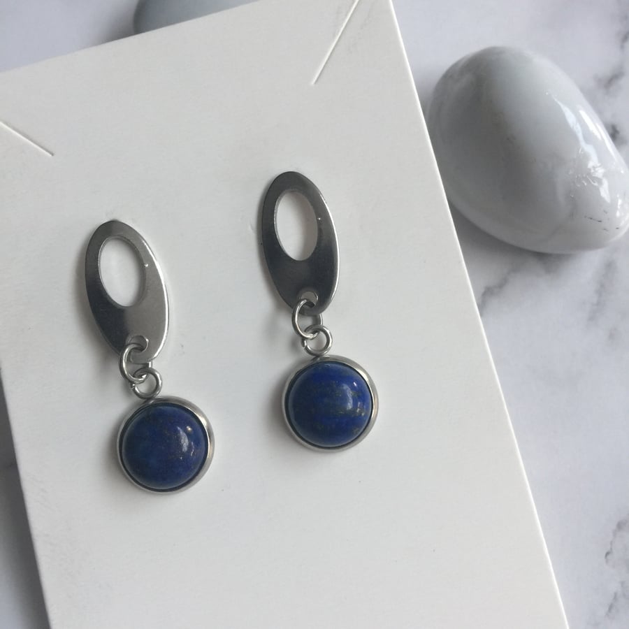 Stainless Steel Oval Stud Dangle Earrings With Natural Blue Lapis Stone.