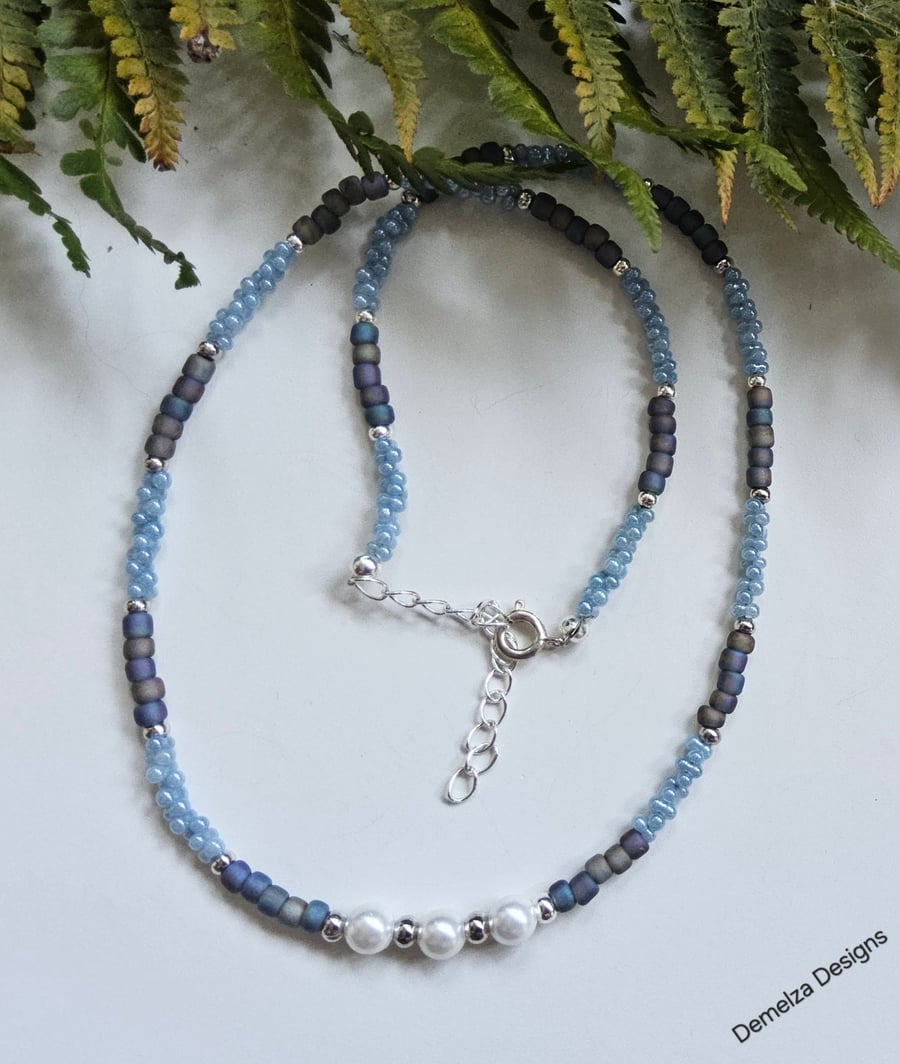 White Shell Pearls & Blue Seed Bead Necklace 
