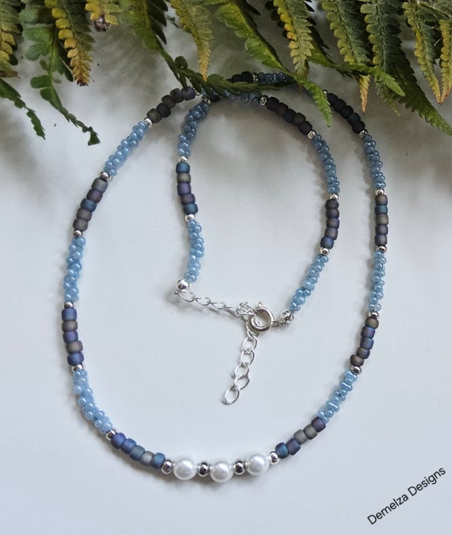 White Shell Pearls & Blue Seed Bead Necklace 