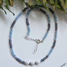 White Shell Pearls & Blue Seed Bead Necklace 