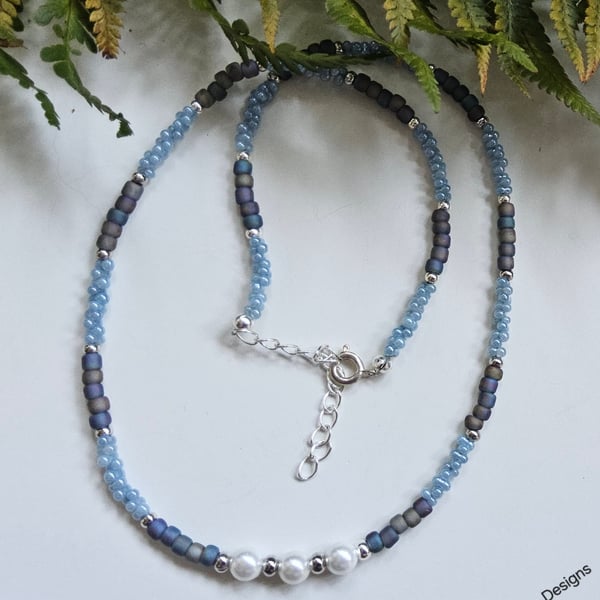 White Shell Pearls & Blue Seed Bead Necklace 