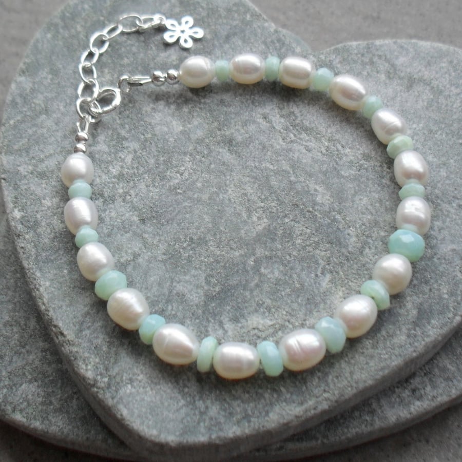 Blue Opal and Freshwater Cultured Pearl Sterling Silver Bracelet