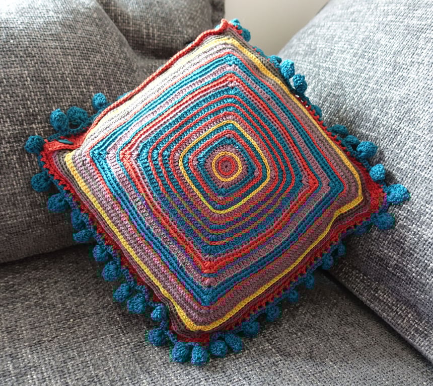 Square hand crochet retro design cotton cushion cover with buttons.  Home Decor.