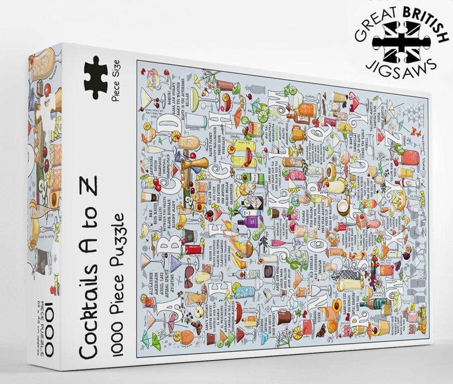 Cocktails Alphabet 1,000 piece jigsaw puzzle designed and made in the UK