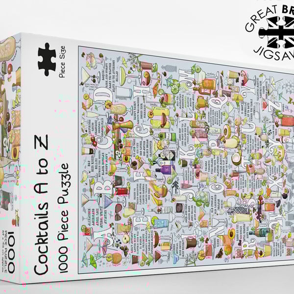 Cocktails Alphabet 1,000 piece jigsaw puzzle designed and made in the UK