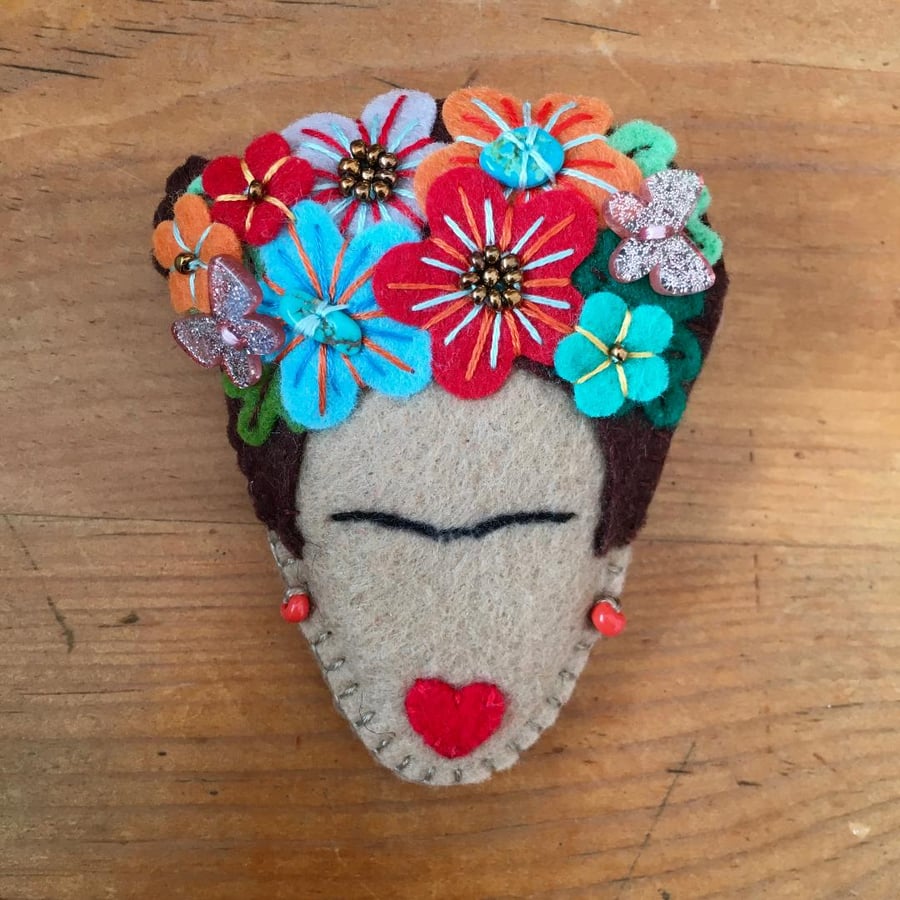 Frida kahlo inspired handmade statement felt brooch - valentine's day gift 