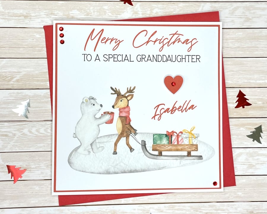 Christmas Card Personalised Sleigh Granddaughter Grandson Sister Brother Son