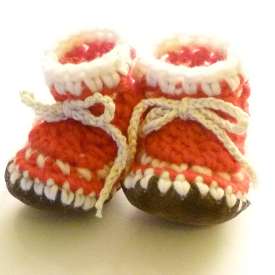 Wool & leather baby boots - Red and white- 3-6 months