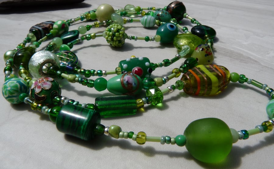 Long Length Green Beaded Boho Festival Necklace