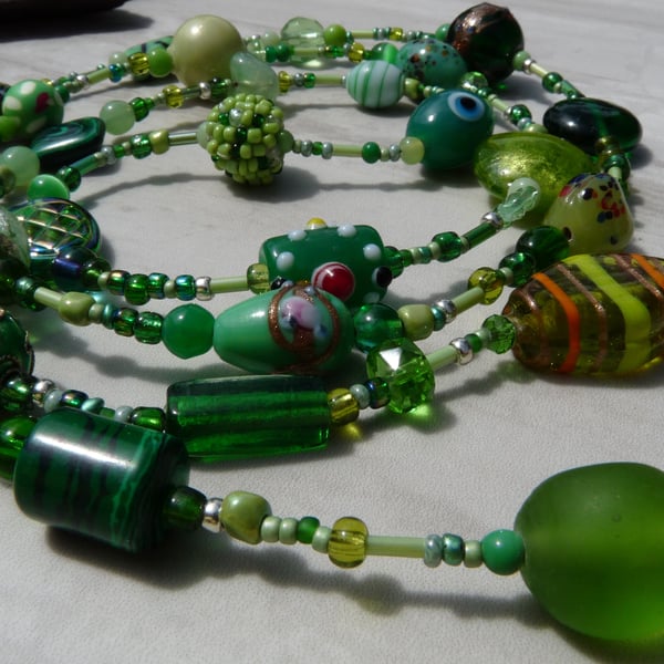 Long Length Green Beaded Boho Festival Necklace
