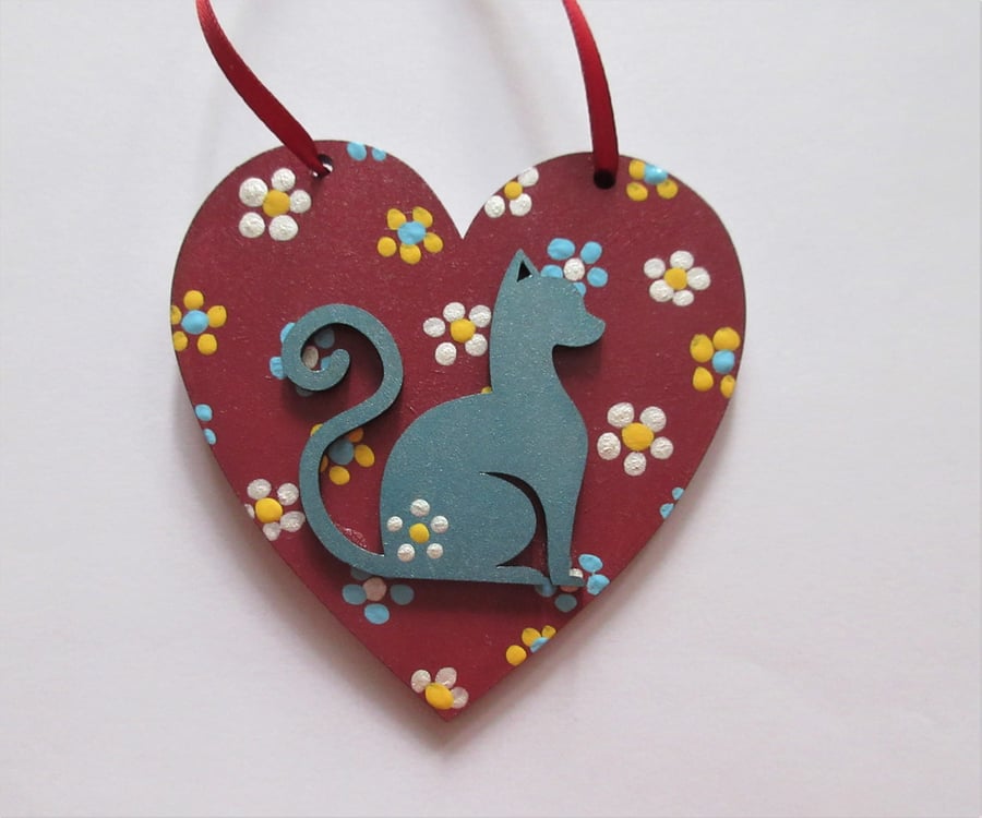 Cat Hanging Heart Decoration Hand Painted Ditsy Flowers