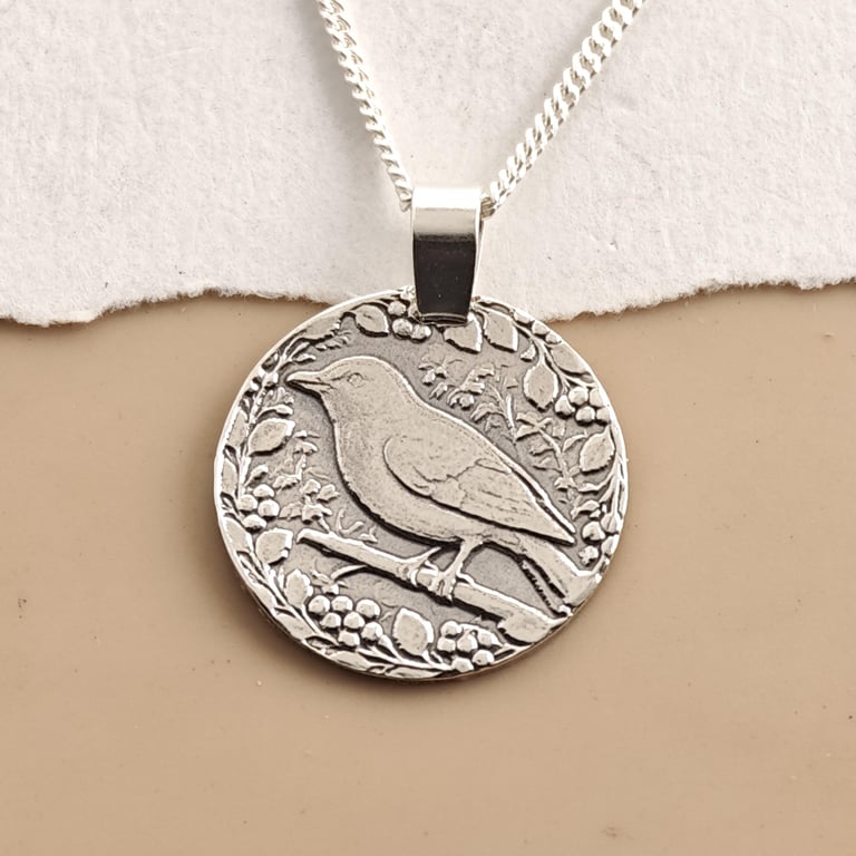 Songbird Engraved Sterling Silver Coin Necklace