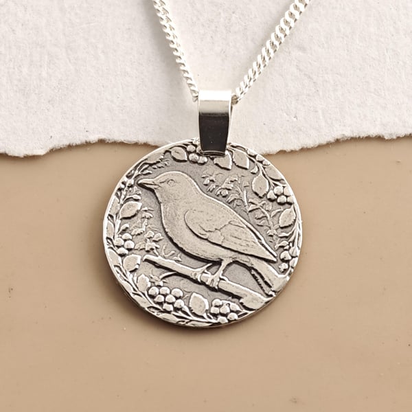 Songbird Engraved Sterling Silver Coin Necklace