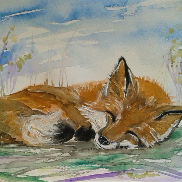 Sleeping FOX A5 Greetings Card from an Original Mixed Media Watercolour
