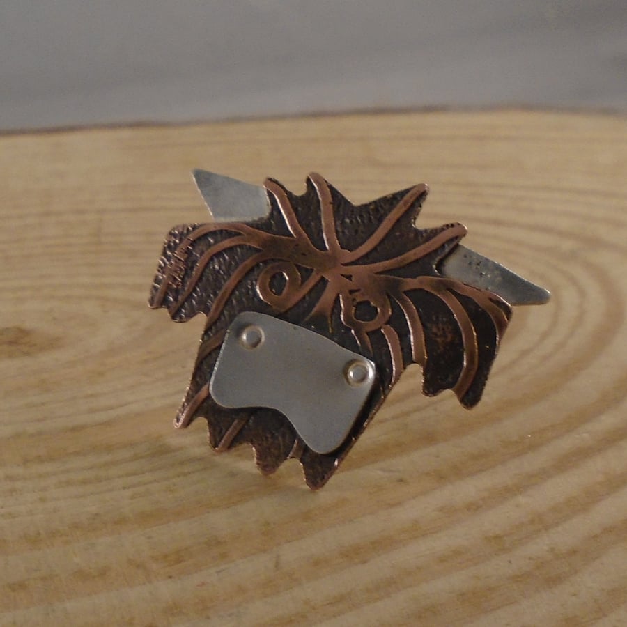 Copper and Sterling Highland Cow Pin Brooch