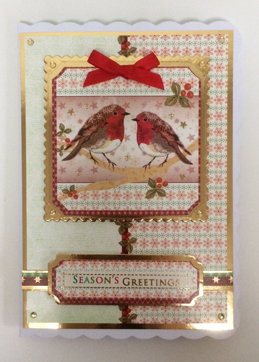 Christmas Card Robins Season's Greetings 3D Luxury Handmade Card