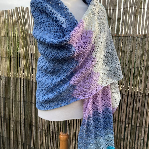 Generous Rectangular Chevron Lace Crochet Wrap Scarf Shawl in Merino Wool
