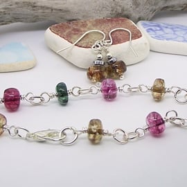 Agate gemstone and wire bracelet and earrings pink green silver