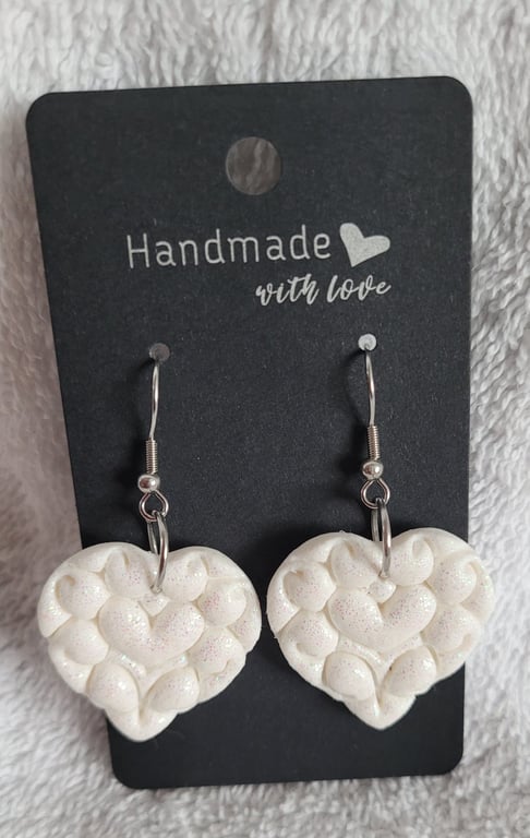 Handmade Polymer Clay White Heart Glitter Earrings. 316 Surgical Stainless Steel