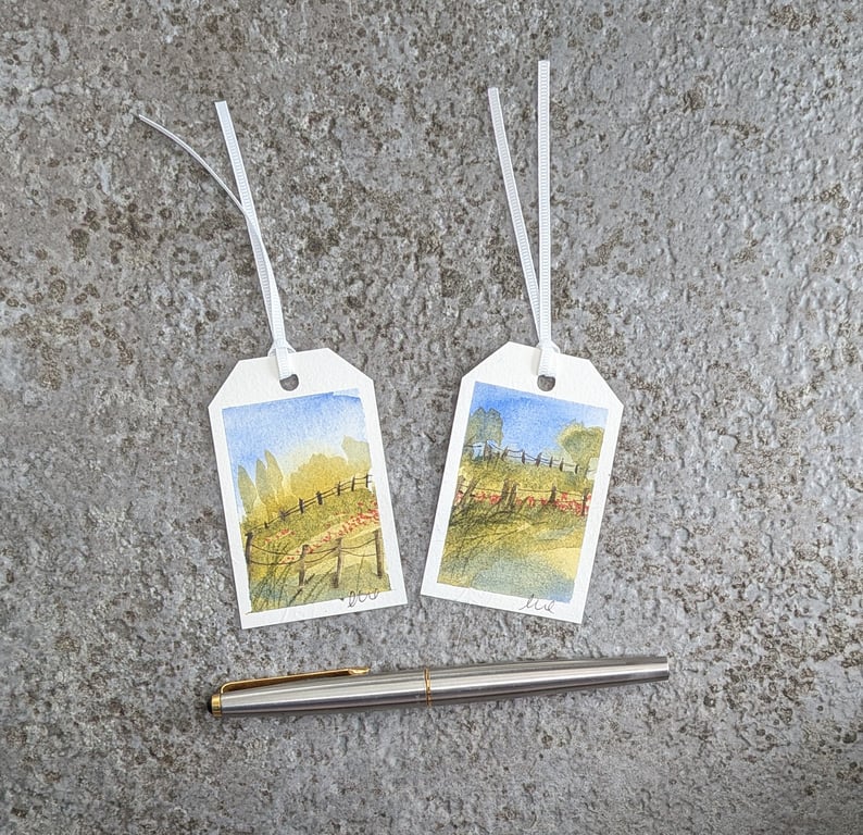 Red Flowers. Two Gift Tags. Original Paintings