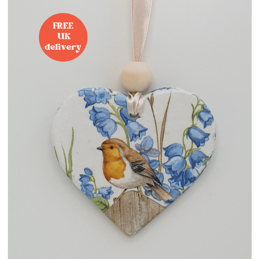 Robin decoration, clay heart hanging decoration, gift for a bird lover