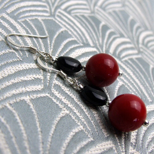 Short Dangle Earrings, Red & Black Semi-Precious Stone Earrings CC78