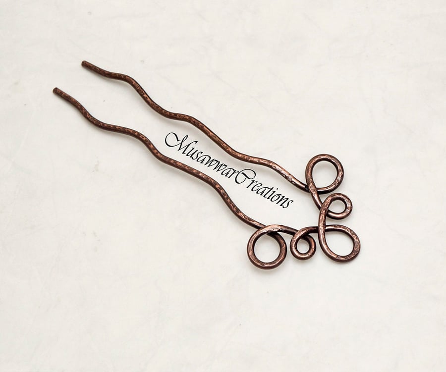 Celtic Antique textured copper Hair Fork, Hair pick ,Copper Hair fork,Hair bun 